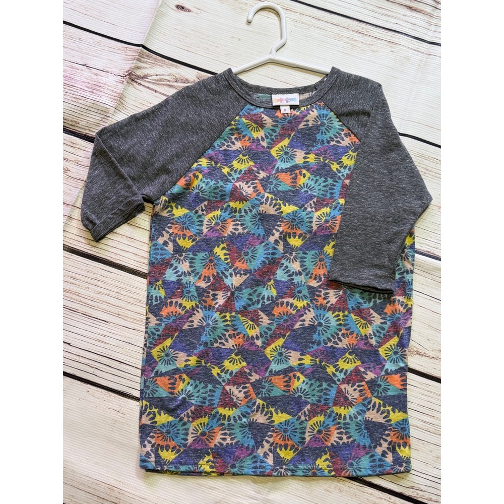 LuLaRoe Kids Size 8 Baseball Tee Geometric Floral Raglan Sleeve Shirt Gray Multi